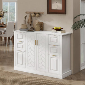 English Elm U_style Modern Buffet Cabinet with Six Drawers Built-In Power Outlet and Adjustable Shelving White N711P437720K