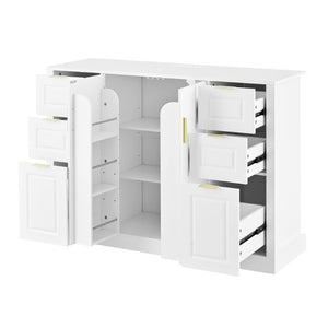 English Elm U_style Modern Buffet Cabinet with Six Drawers Built-In Power Outlet and Adjustable Shelving White N711P437720K