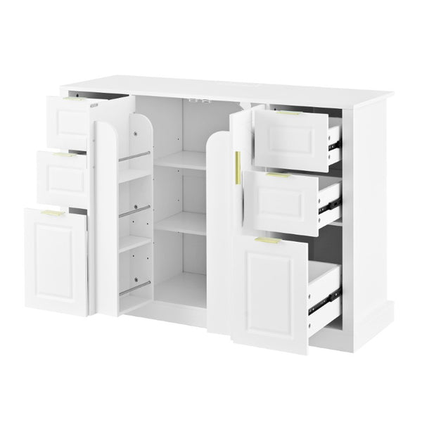 English Elm U_style Modern Buffet Cabinet with Six Drawers Built-In Power Outlet and Adjustable Shelving White N711P437720K