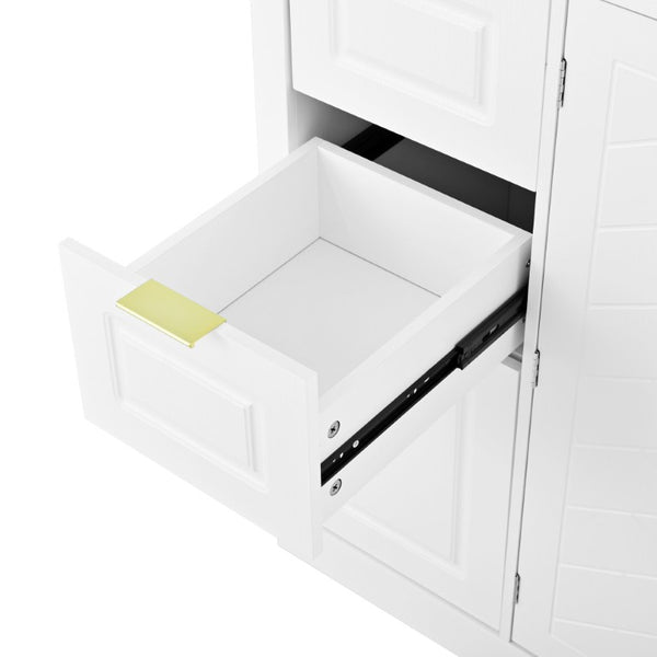 English Elm U_style Modern Buffet Cabinet with Six Drawers Built-In Power Outlet and Adjustable Shelving White N711P437720K