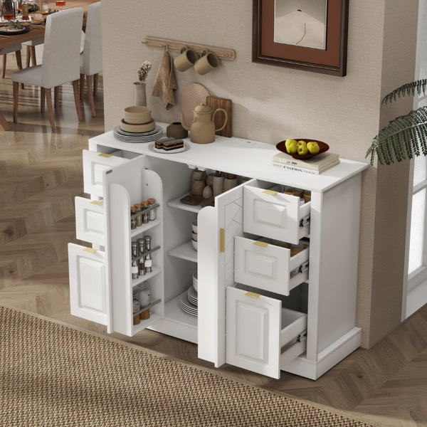 English Elm U_style Modern Buffet Cabinet with Six Drawers Built-In Power Outlet and Adjustable Shelving White N711P437720K