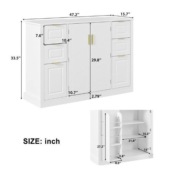 English Elm U_style Modern Buffet Cabinet with Six Drawers Built-In Power Outlet and Adjustable Shelving White N711P437720K