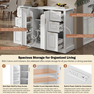 English Elm U_style Modern Buffet Cabinet with Six Drawers Built-In Power Outlet and Adjustable Shelving White N711P437720K