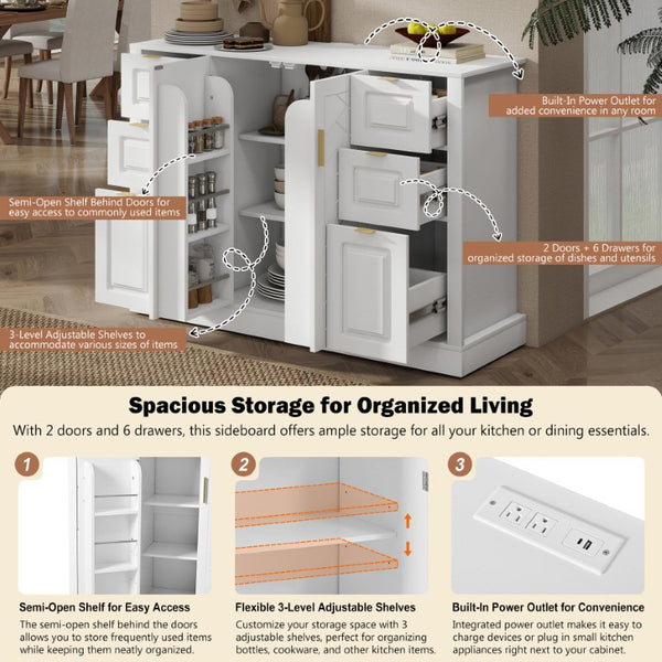 English Elm U_style Modern Buffet Cabinet with Six Drawers Built-In Power Outlet and Adjustable Shelving White N711P437720K