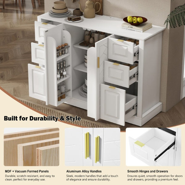 English Elm U_style Modern Buffet Cabinet with Six Drawers Built-In Power Outlet and Adjustable Shelving White N711P437720K