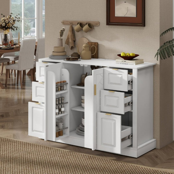 English Elm U_style Modern Buffet Cabinet with Six Drawers Built-In Power Outlet and Adjustable Shelving White N711P437720K
