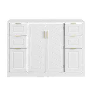 English Elm U_style Modern Buffet Cabinet with Six Drawers Built-In Power Outlet and Adjustable Shelving White N711P437720K