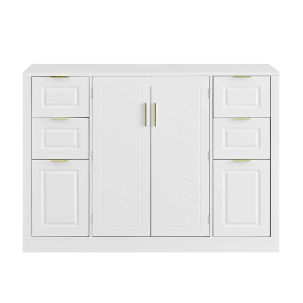 English Elm U_style Modern Buffet Cabinet with Six Drawers Built-In Power Outlet and Adjustable Shelving White N711P437720K