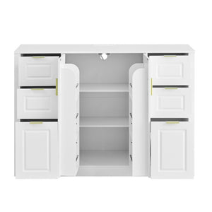 English Elm U_style Modern Buffet Cabinet with Six Drawers Built-In Power Outlet and Adjustable Shelving White N711P437720K