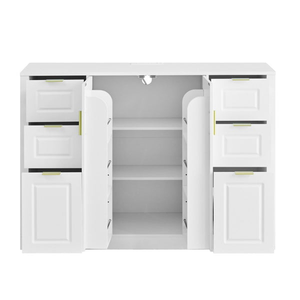 English Elm U_style Modern Buffet Cabinet with Six Drawers Built-In Power Outlet and Adjustable Shelving White N711P437720K