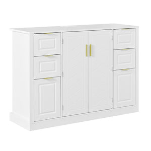 English Elm U_style Modern Buffet Cabinet with Six Drawers Built-In Power Outlet and Adjustable Shelving White N711P437720K