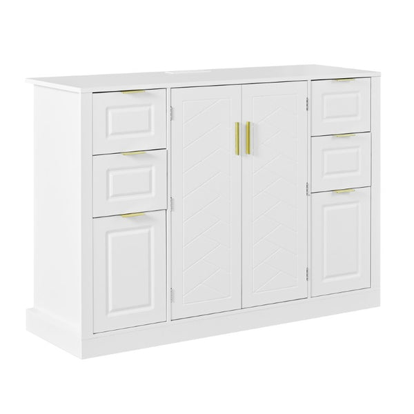 English Elm U_style Modern Buffet Cabinet with Six Drawers Built-In Power Outlet and Adjustable Shelving White N711P437720K