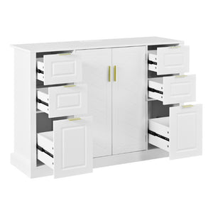 English Elm U_style Modern Buffet Cabinet with Six Drawers Built-In Power Outlet and Adjustable Shelving White N711P437720K