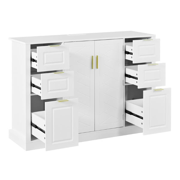 English Elm U_style Modern Buffet Cabinet with Six Drawers Built-In Power Outlet and Adjustable Shelving White N711P437720K