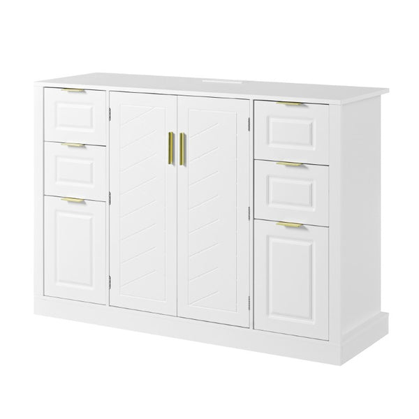 English Elm U_style Modern Buffet Cabinet with Six Drawers Built-In Power Outlet and Adjustable Shelving White N711P437720K