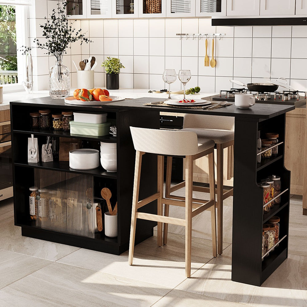 English Elm U-style Extendable Counter Height Sideboard with Acrylic Doors Pegboard and Open Shelving Black N711P437809B