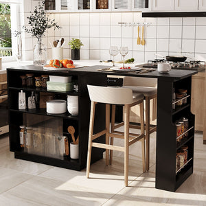English Elm U-style Extendable Counter Height Sideboard with Acrylic Doors Pegboard and Open Shelving Black N711P437809B
