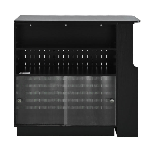 English Elm U-style Extendable Counter Height Sideboard with Acrylic Doors Pegboard and Open Shelving Black N711P437809B