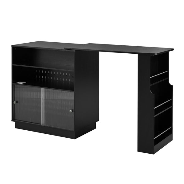 English Elm U-style Extendable Counter Height Sideboard with Acrylic Doors Pegboard and Open Shelving Black N711P437809B