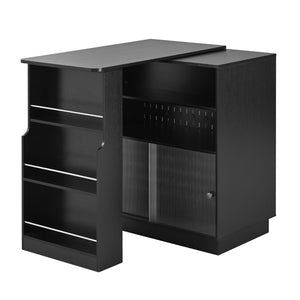 English Elm U-style Extendable Counter Height Sideboard with Acrylic Doors Pegboard and Open Shelving Black N711P437809B