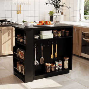 English Elm U-style Extendable Counter Height Sideboard with Acrylic Doors Pegboard and Open Shelving Black N711P437809B