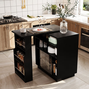 English Elm U-style Extendable Counter Height Sideboard with Acrylic Doors Pegboard and Open Shelving Black N711P437809B