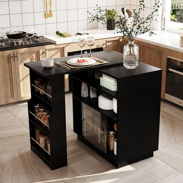 English Elm U-style Extendable Counter Height Sideboard with Acrylic Doors Pegboard and Open Shelving Black N711P437809B