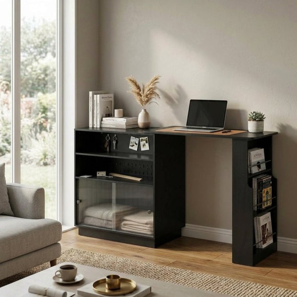 English Elm U-style Extendable Counter Height Sideboard with Acrylic Doors Pegboard and Open Shelving Black N711P437809B