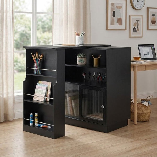 English Elm U-style Extendable Counter Height Sideboard with Acrylic Doors Pegboard and Open Shelving Black N711P437809B