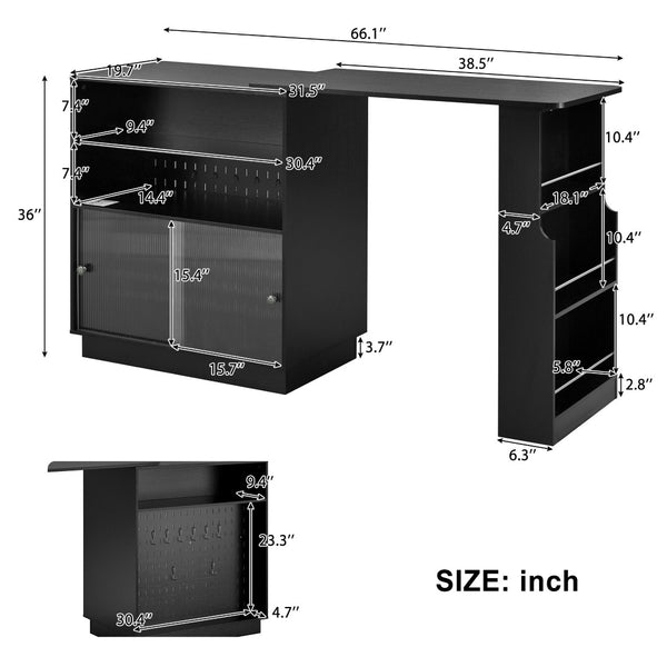 English Elm U-style Extendable Counter Height Sideboard with Acrylic Doors Pegboard and Open Shelving Black N711P437809B