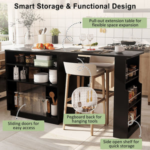 English Elm U-style Extendable Counter Height Sideboard with Acrylic Doors Pegboard and Open Shelving Black N711P437809B