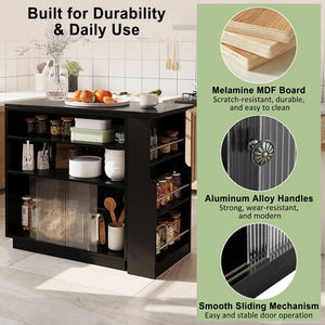 English Elm U-style Extendable Counter Height Sideboard with Acrylic Doors Pegboard and Open Shelving Black N711P437809B