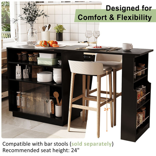 English Elm U-style Extendable Counter Height Sideboard with Acrylic Doors Pegboard and Open Shelving Black N711P437809B