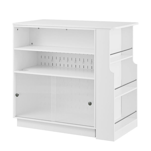 English Elm U-style Extendable Counter Height Sideboard with Acrylic Doors Pegboard and Open Shelving White N711P437809K