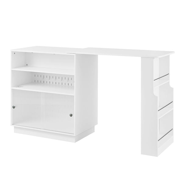 English Elm U-style Extendable Counter Height Sideboard with Acrylic Doors Pegboard and Open Shelving White N711P437809K