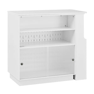 English Elm U-style Extendable Counter Height Sideboard with Acrylic Doors Pegboard and Open Shelving White N711P437809K