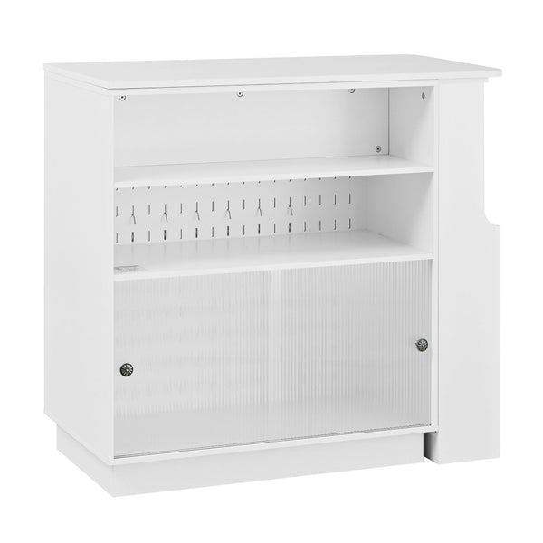 English Elm U-style Extendable Counter Height Sideboard with Acrylic Doors Pegboard and Open Shelving White N711P437809K