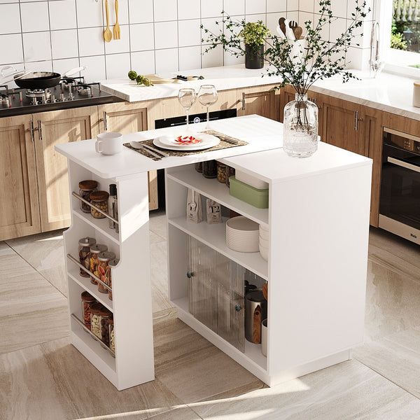 English Elm U-style Extendable Counter Height Sideboard with Acrylic Doors Pegboard and Open Shelving White N711P437809K