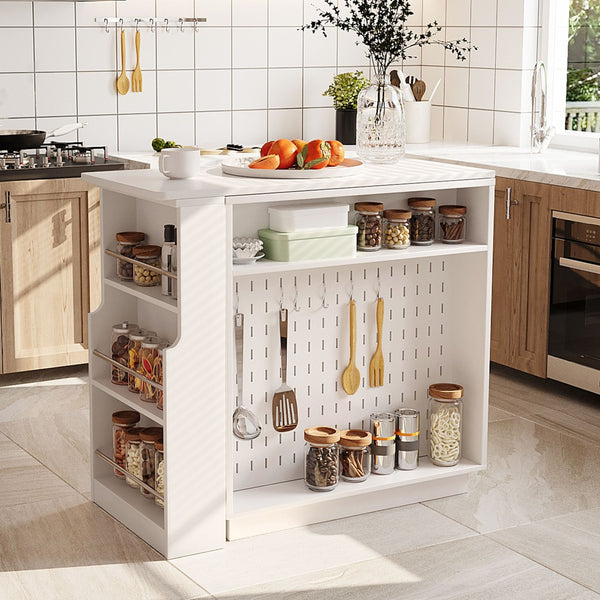 English Elm U-style Extendable Counter Height Sideboard with Acrylic Doors Pegboard and Open Shelving White N711P437809K