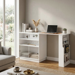 English Elm U-style Extendable Counter Height Sideboard with Acrylic Doors Pegboard and Open Shelving White N711P437809K