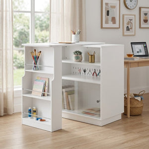 English Elm U-style Extendable Counter Height Sideboard with Acrylic Doors Pegboard and Open Shelving White N711P437809K