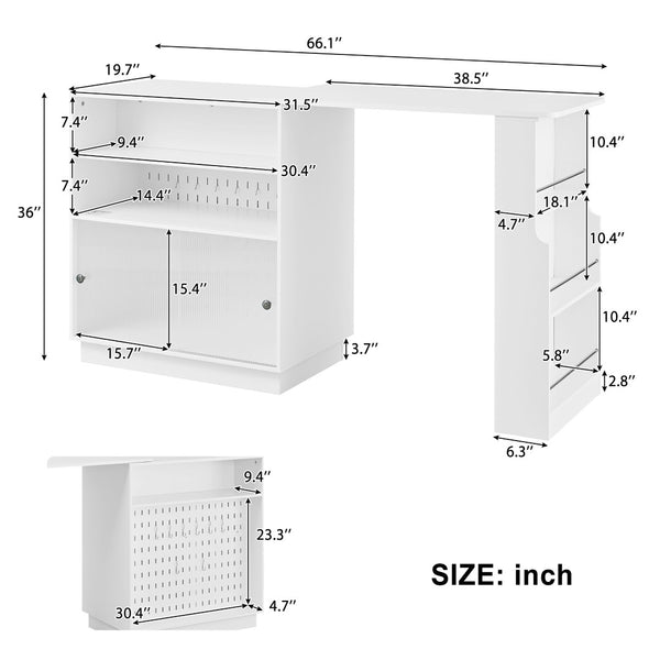 English Elm U-style Extendable Counter Height Sideboard with Acrylic Doors Pegboard and Open Shelving White N711P437809K