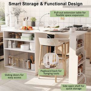 English Elm U-style Extendable Counter Height Sideboard with Acrylic Doors Pegboard and Open Shelving White N711P437809K
