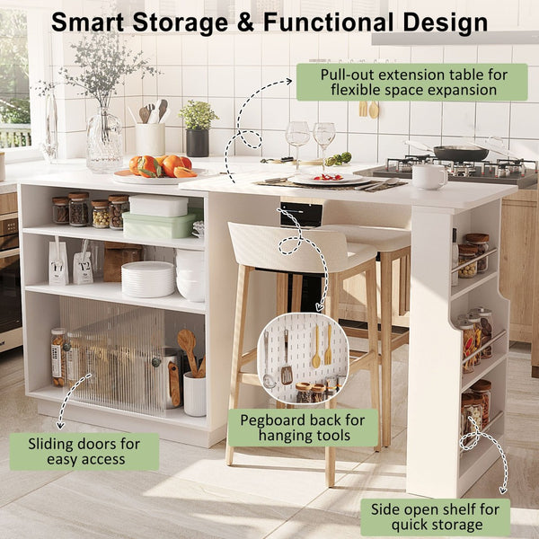 English Elm U-style Extendable Counter Height Sideboard with Acrylic Doors Pegboard and Open Shelving White N711P437809K