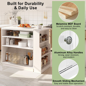 English Elm U-style Extendable Counter Height Sideboard with Acrylic Doors Pegboard and Open Shelving White N711P437809K