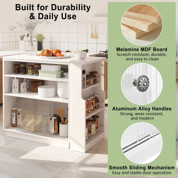 English Elm U-style Extendable Counter Height Sideboard with Acrylic Doors Pegboard and Open Shelving White N711P437809K