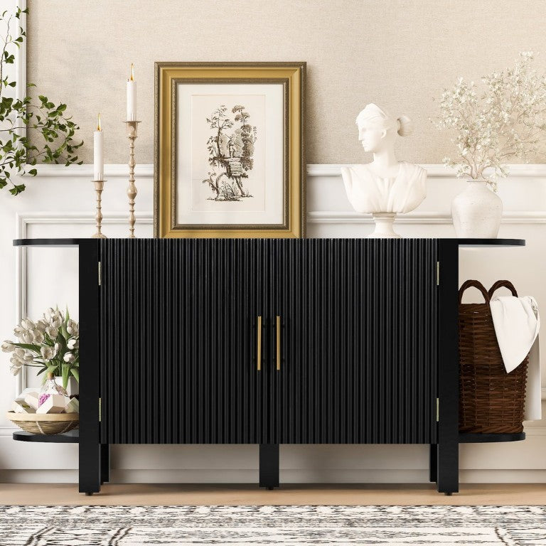 English Elm U_style Pine Wood Fluted Sideboard with Tiered Display Shelves for Dining Room N711P440153B