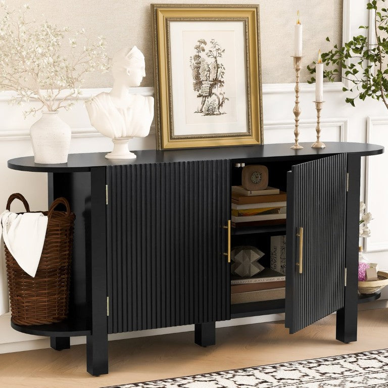 English Elm U_style Pine Wood Fluted Sideboard with Tiered Display Shelves for Dining Room N711P440153B