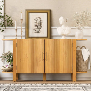 English Elm U_style Pine Wood Fluted Sideboard with Curved Shelves Mid Century Modern Dining Cabinet N711P440153O