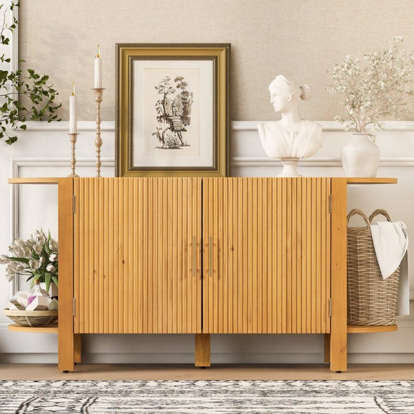 English Elm U_style Pine Wood Fluted Sideboard with Curved Shelves Mid Century Modern Dining Cabinet N711P440153O
